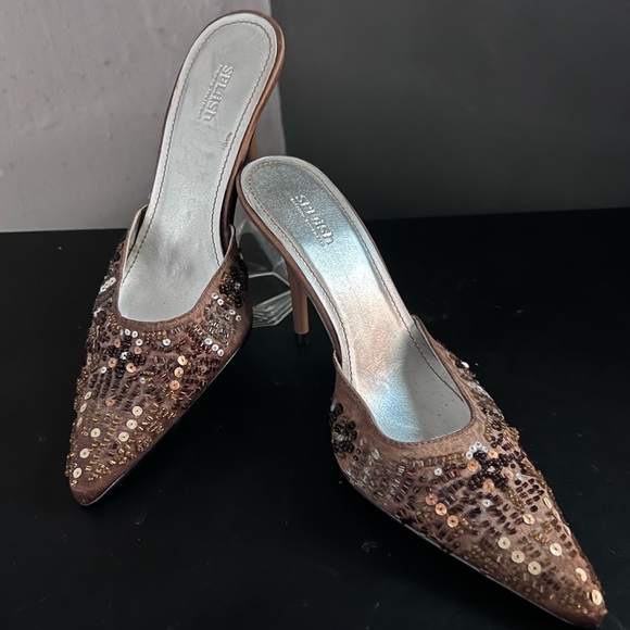 SPLASH Fashion Footwear Slip on Mules 4-inch Heels Brown-tones Sequins and Beads - Picture 4 of 14